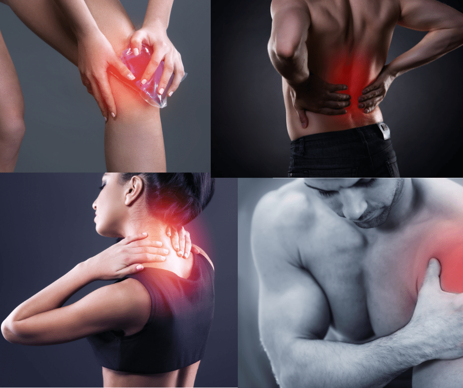 knee pain, back pain, neck pain and shoulder pain images with problem ares highlighted in red collar